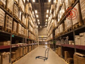 a warehouse with a chair dolly for a party rental