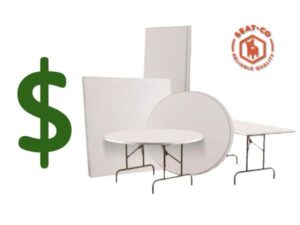 a package of white folding tables and white folding chairs with a price logo